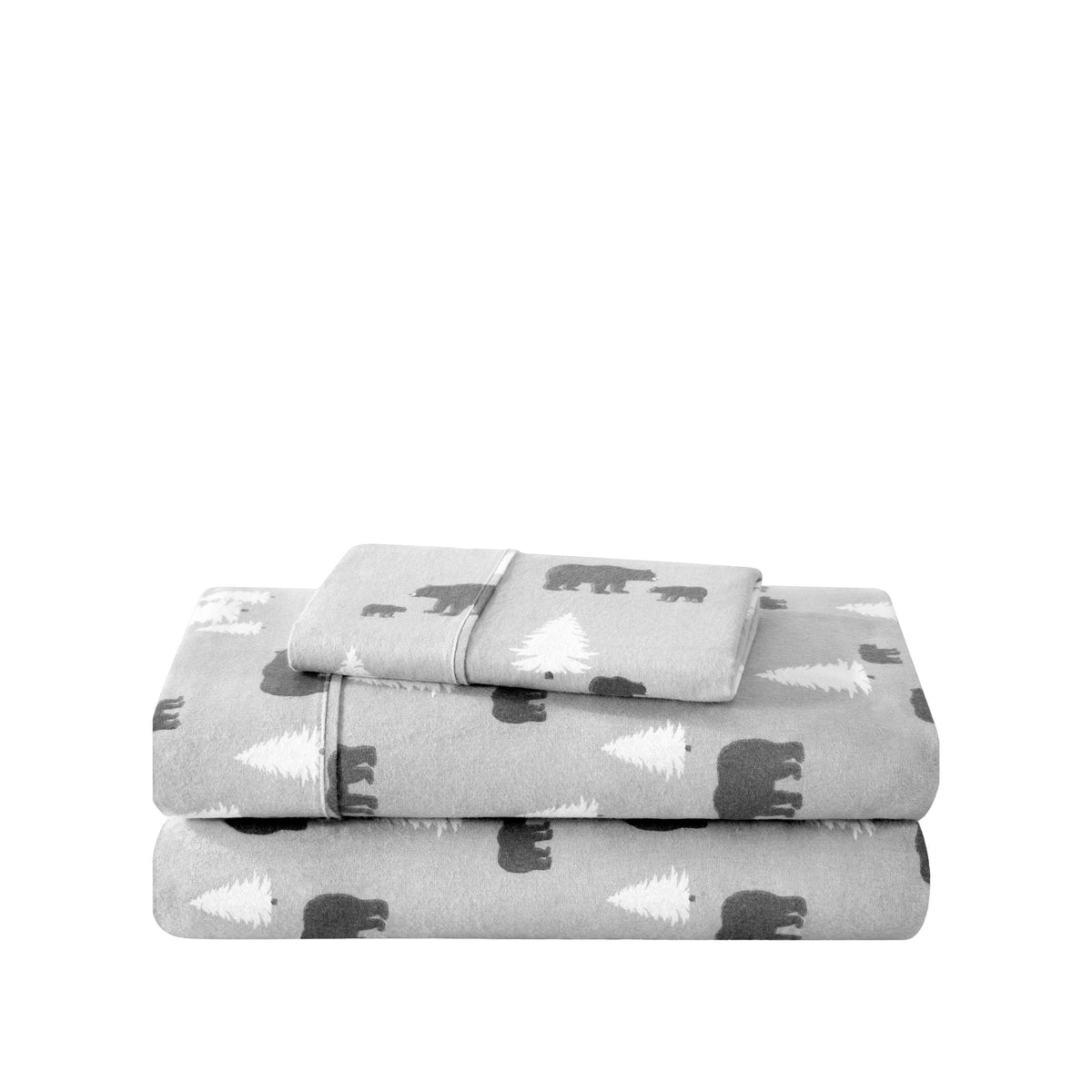 Stack of flannel sheets and pillowcases on a white background
