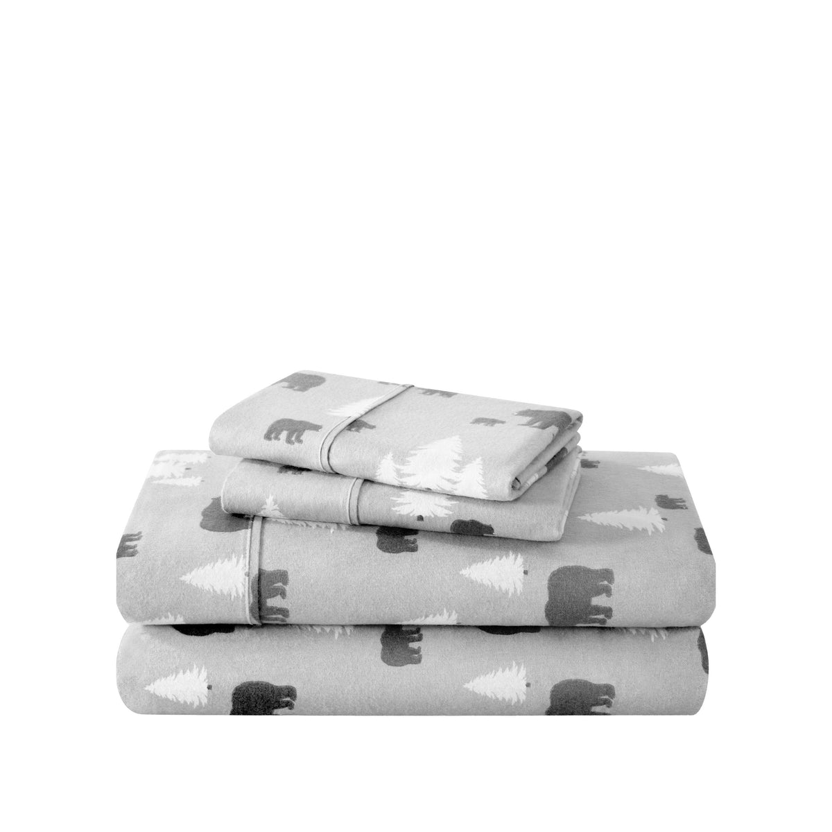 Stack of flannel sheets and pillowcases on a white background