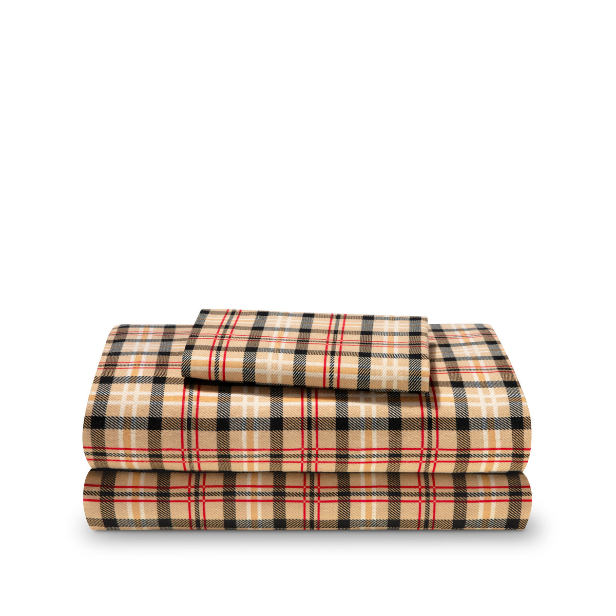 Stack of flannel sheets and pillowcases on a white background
