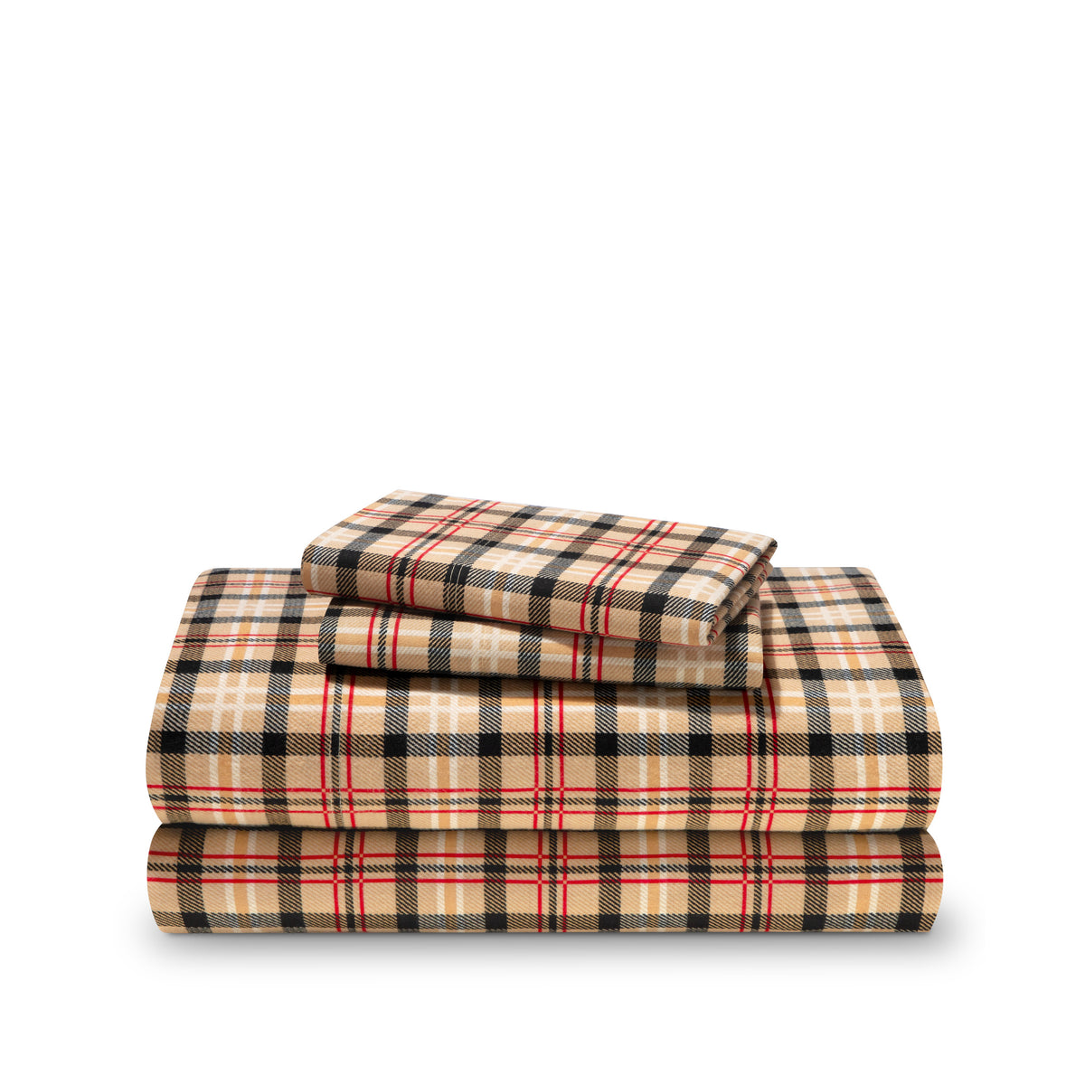 Stack of flannel sheets and pillowcases on a white background