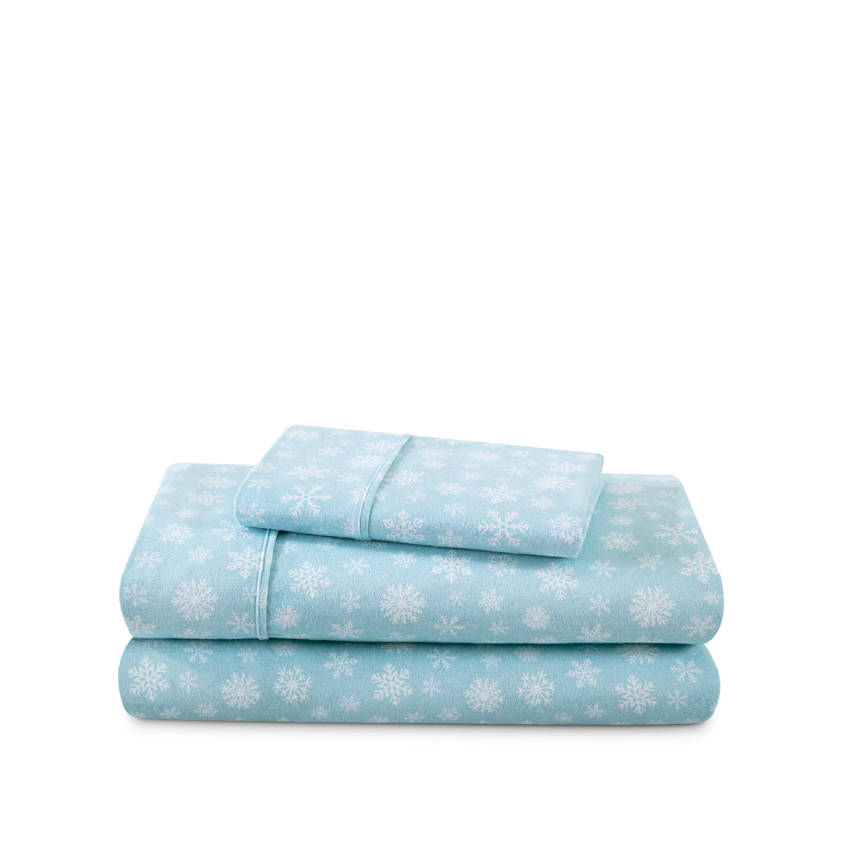 Stack of flannel sheets and pillowcases on a white background