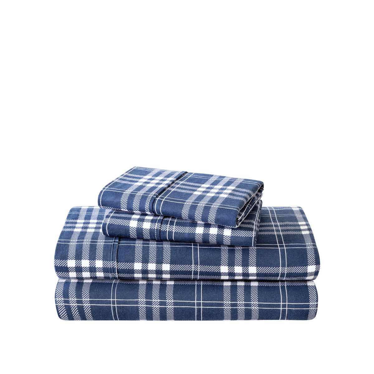 Stack of flannel sheets and pillowcases on a white background