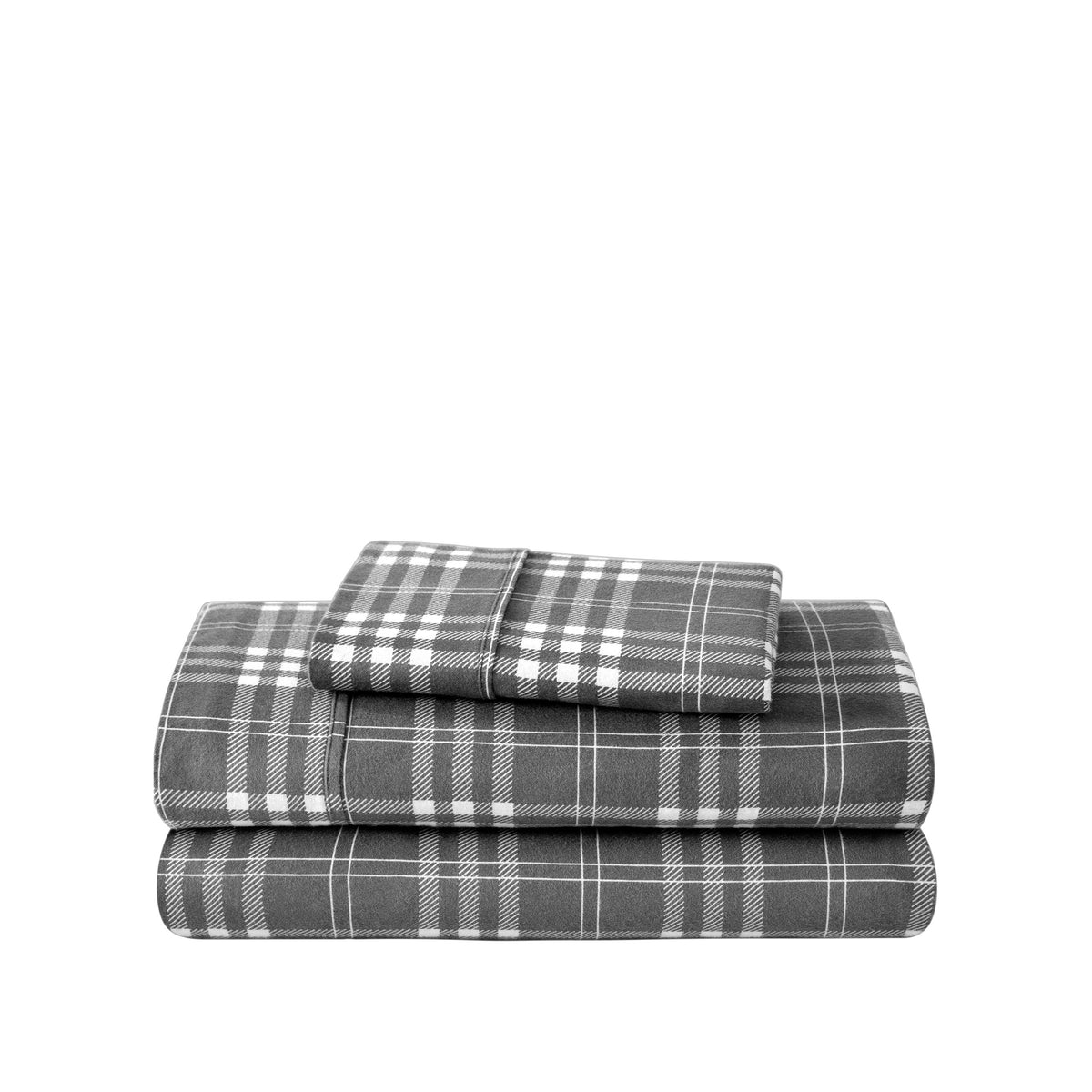 Stack of flannel sheets and pillowcases on a white background