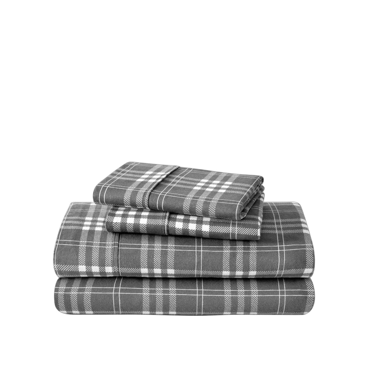 Stack of flannel sheets and pillowcases on a white background