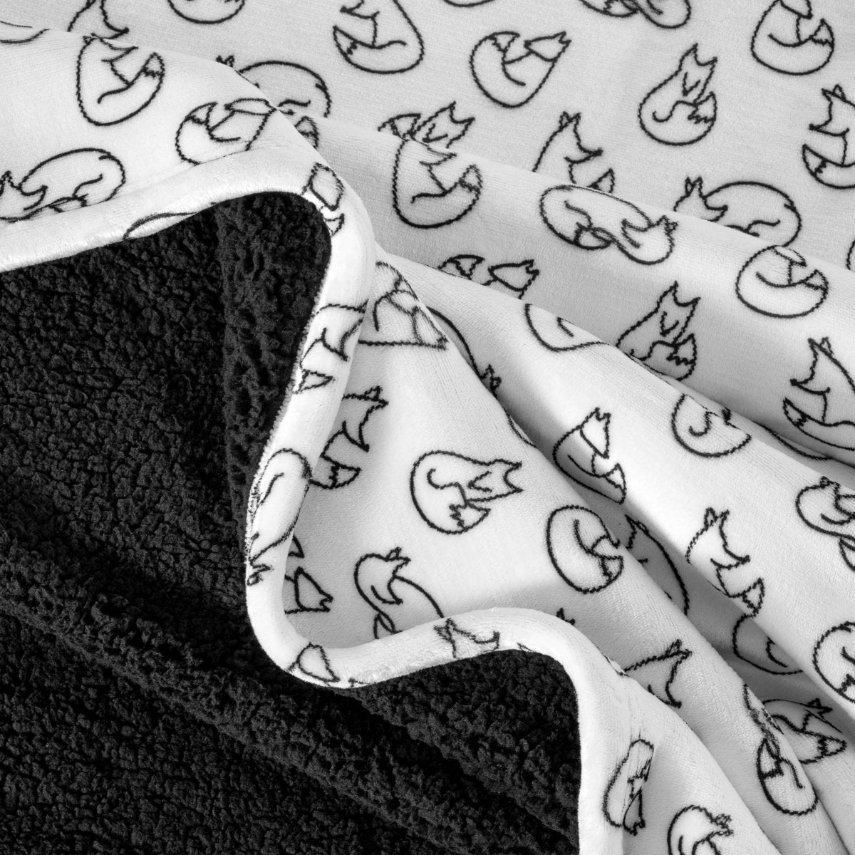 Close-up of both sides of a printed sherpa blanket