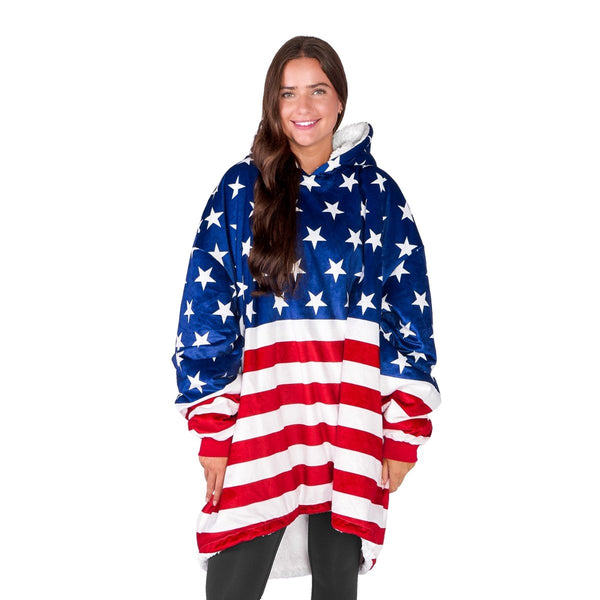 A woman with a sherpa wearable blanket on