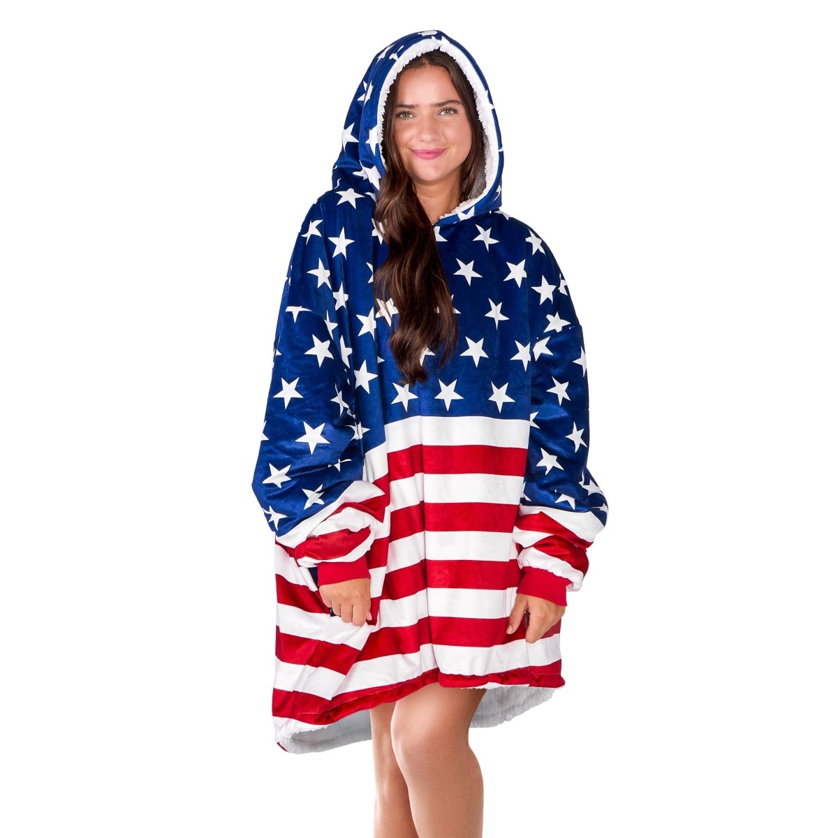 An adult with a sherpa wearable blanket on