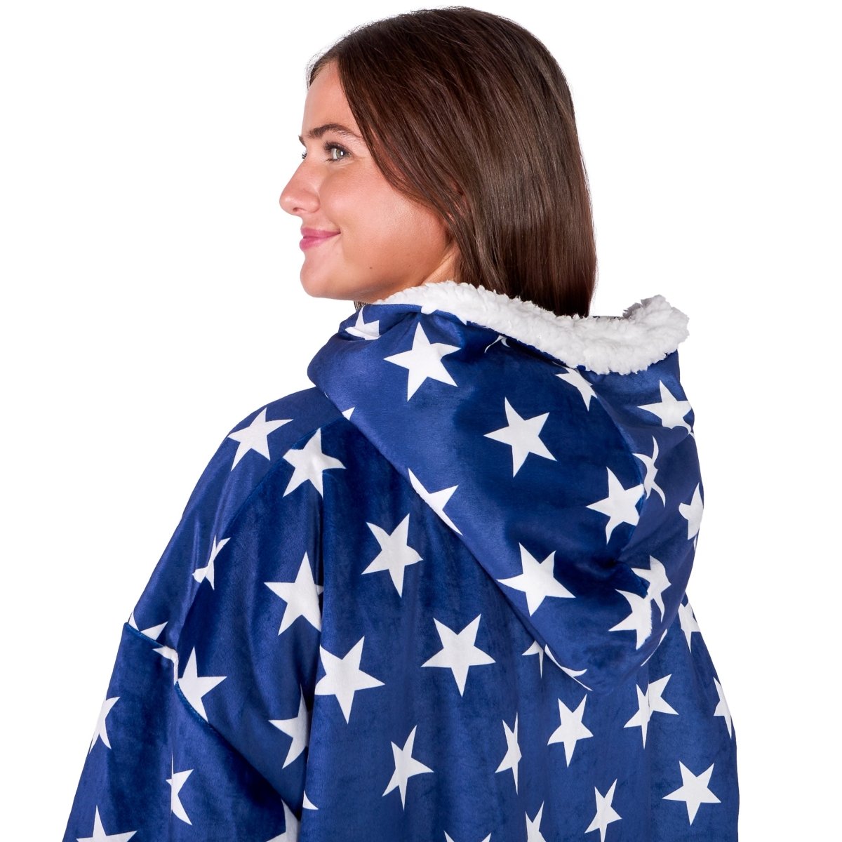 Person wearing a hooded blanket on a white background