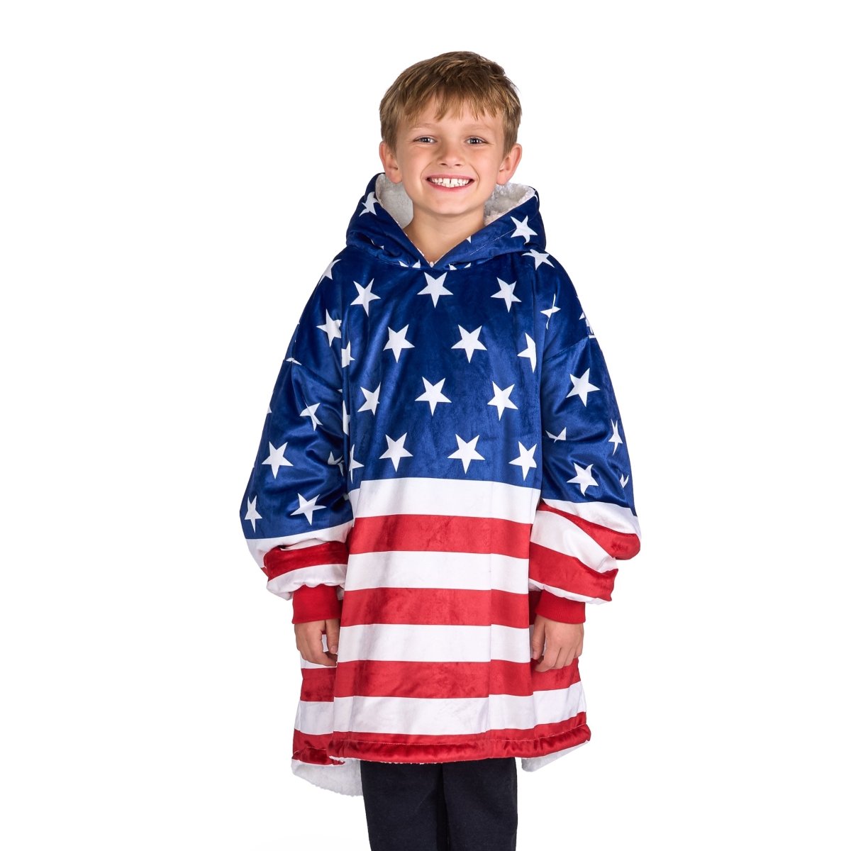 A child with a wearable blanket on