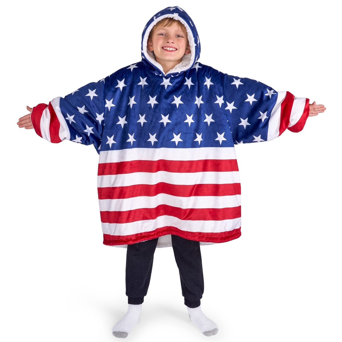 A child wearing a hooded blanket