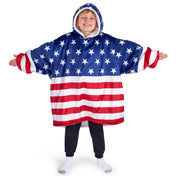 A child wearing a hooded blanket