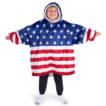 A child wearing a hooded blanket