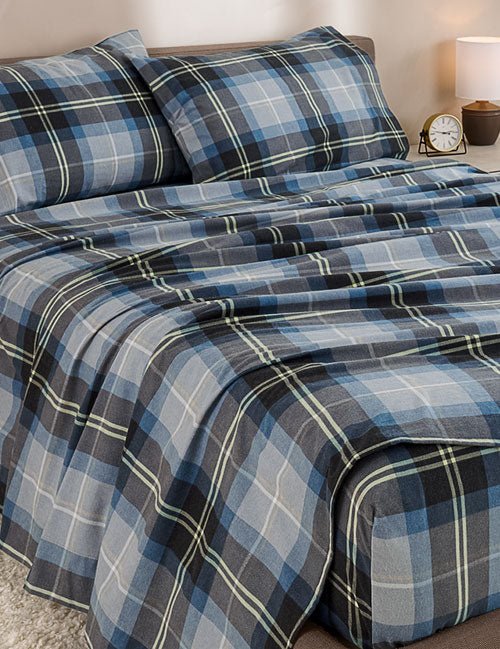 Blue Flannel Sheets in a Taupe Room