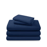 Cotton flannel sheet set folded and stacked on a white background