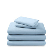 Cotton flannel sheet set folded and stacked on a white background