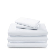 Cotton flannel sheet set folded and stacked on a white background