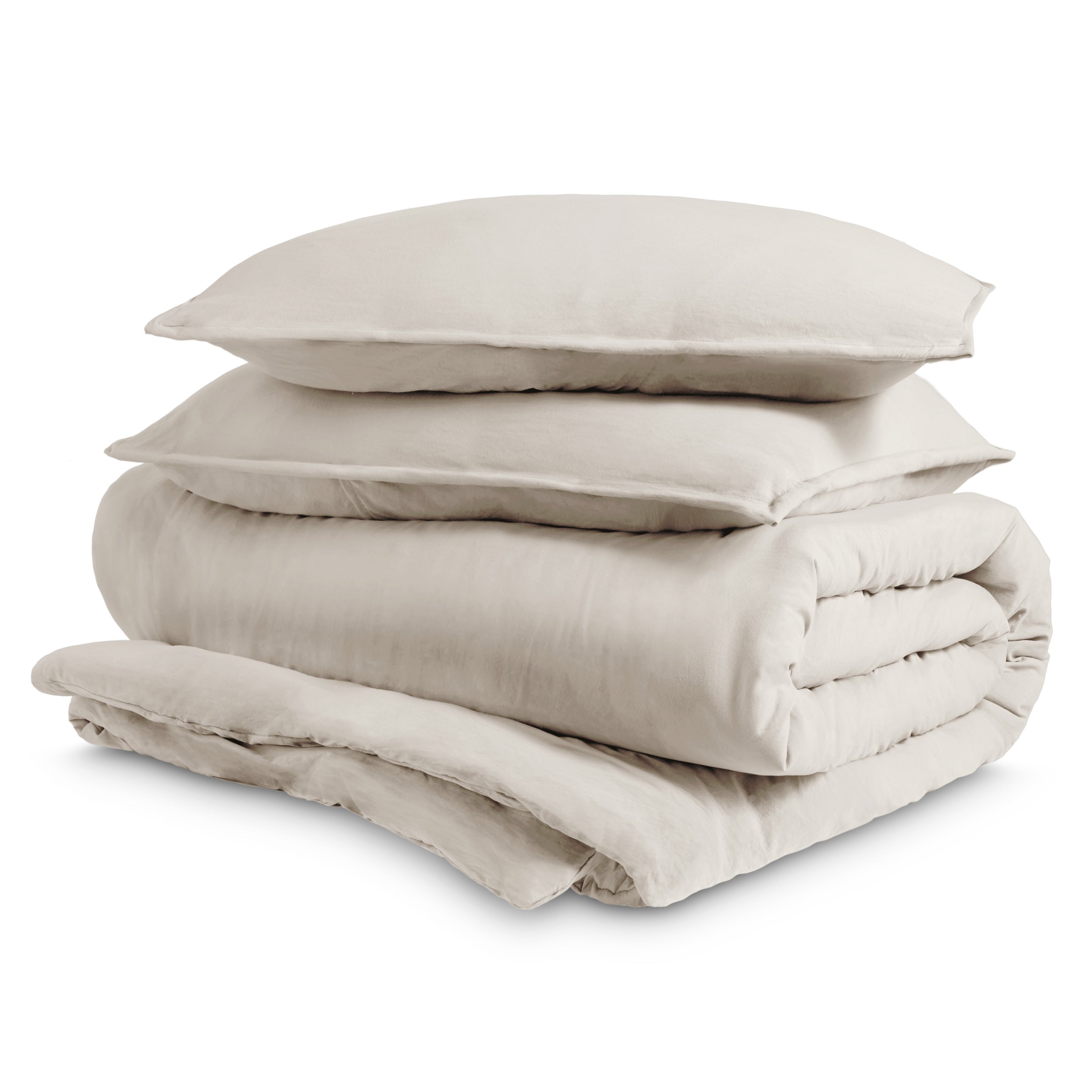 Washed duvet cover and sham set folded and stacked