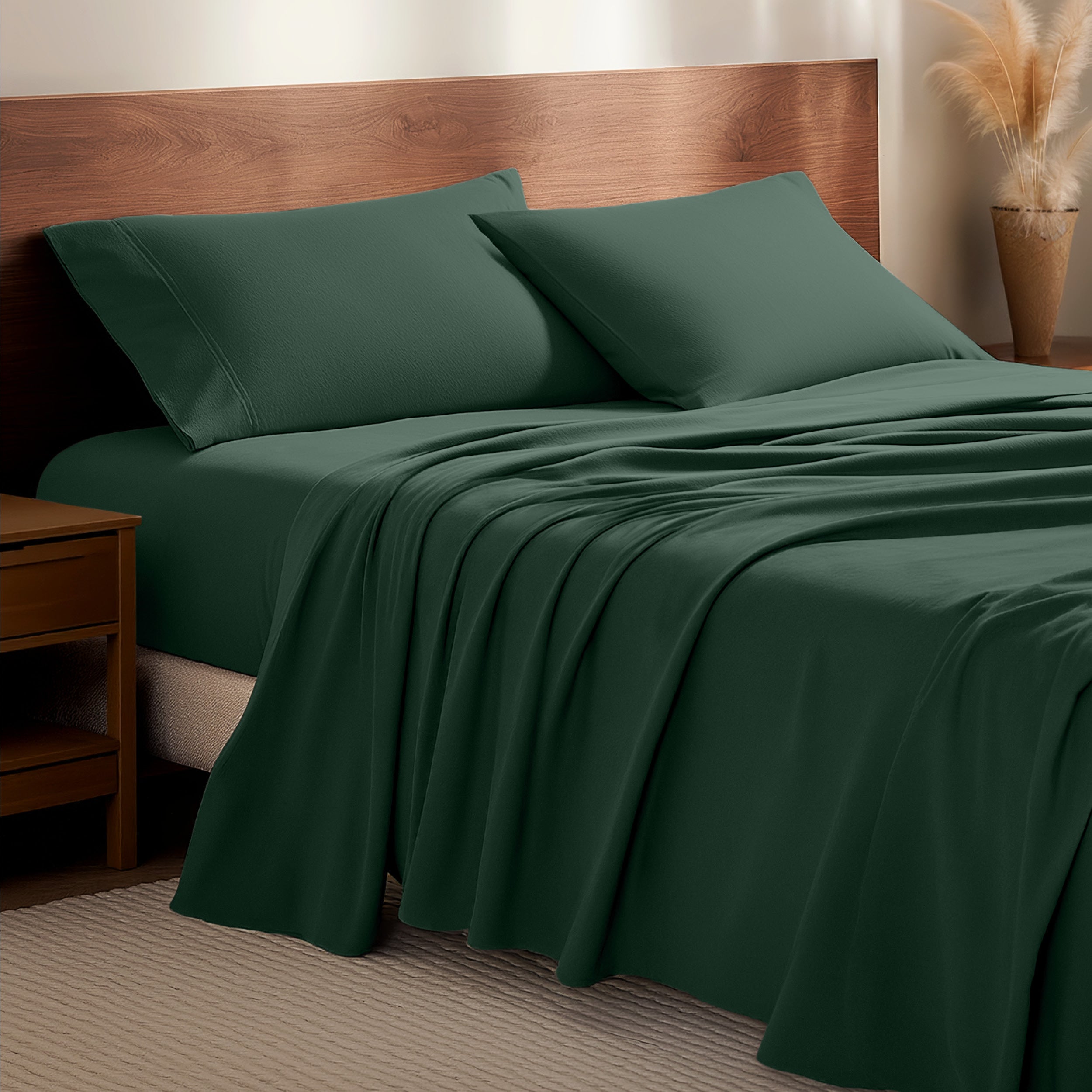 Flannel bedding set on a bed with a wooden headboard and side table