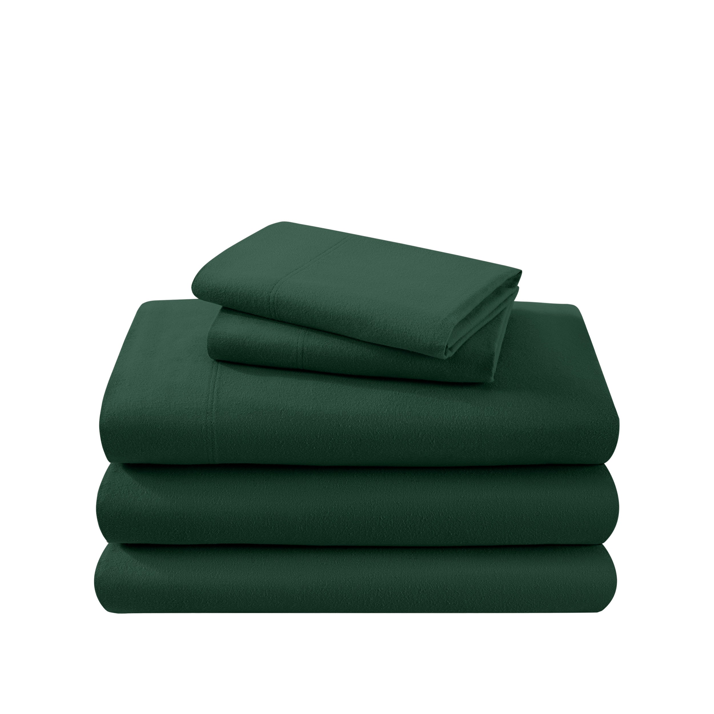 Cotton flannel sheet set folded and stacked on a white background