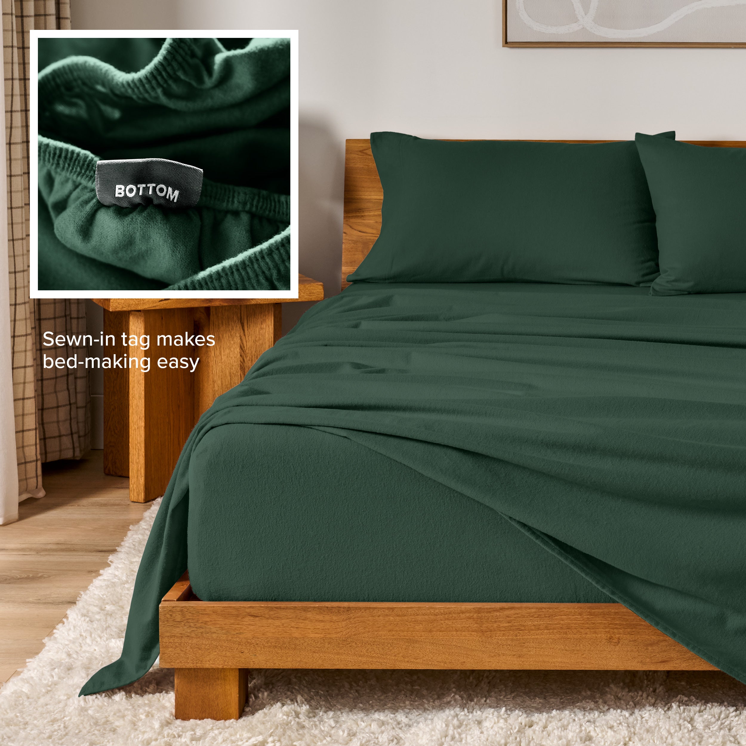 Flannel sheets on a with an inset of a sewn-in tag reading BOTTOM