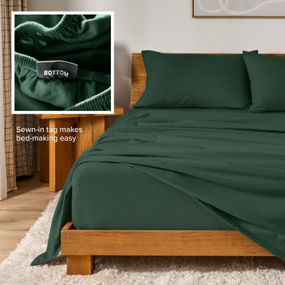 Flannel sheets on a with an inset of a sewn-in tag reading BOTTOM