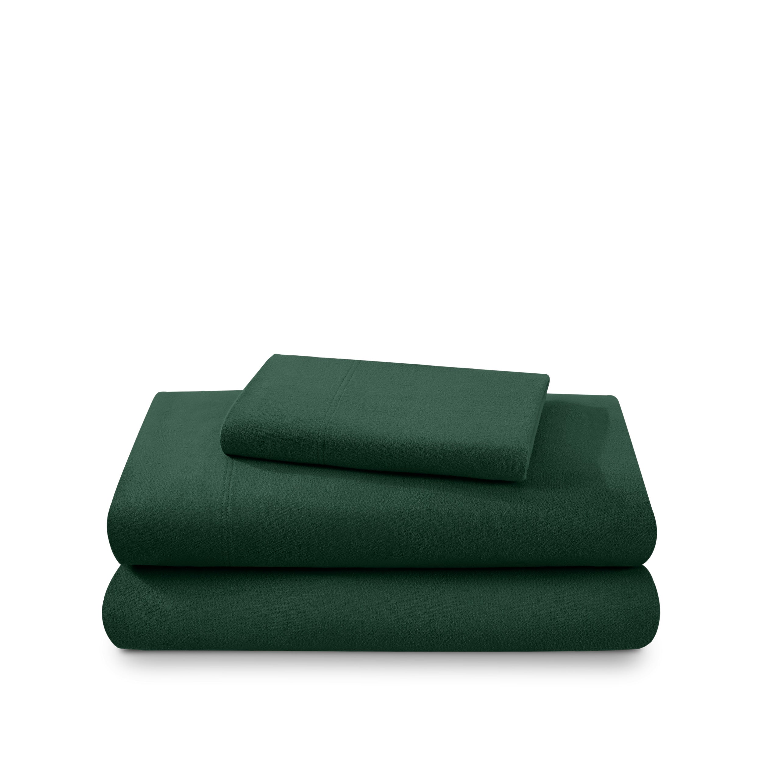 Cotton flannel sheet set folded and stacked on a white background