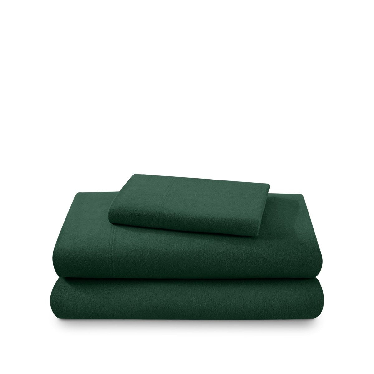 Cotton flannel sheet set folded and stacked on a white background