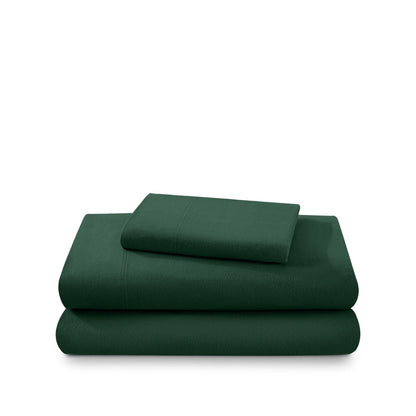 Cotton flannel sheet set folded and stacked on a white background