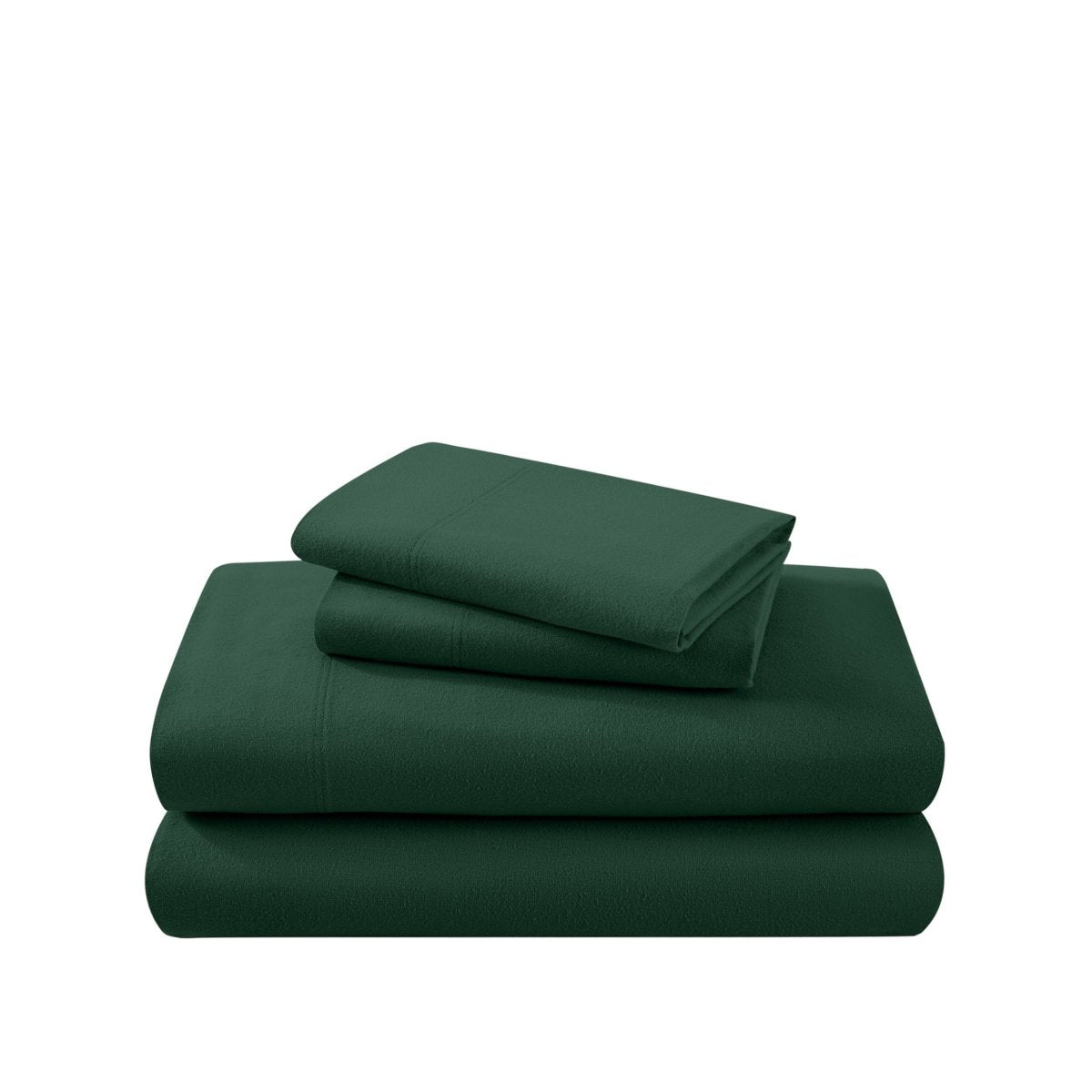 Cotton flannel sheet set folded and stacked on a white background