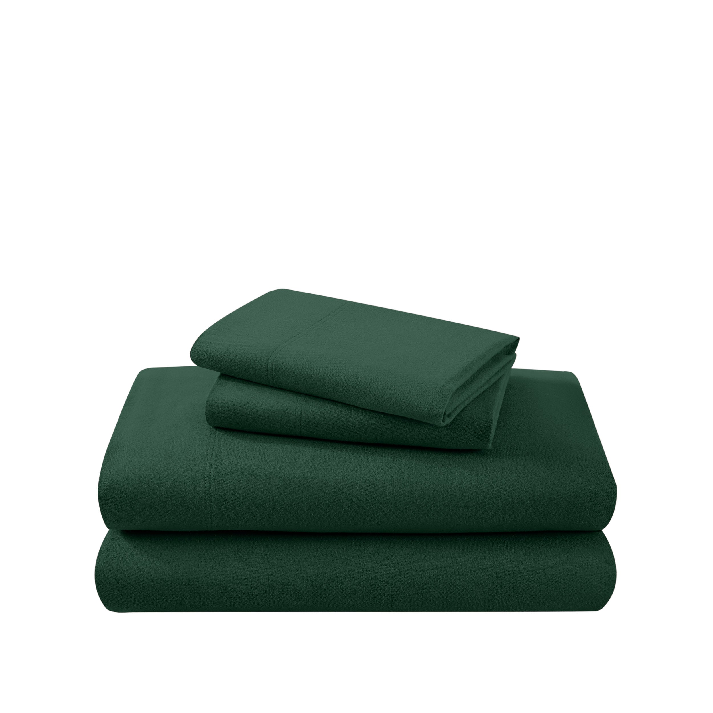 Cotton flannel sheet set folded and stacked on a white background