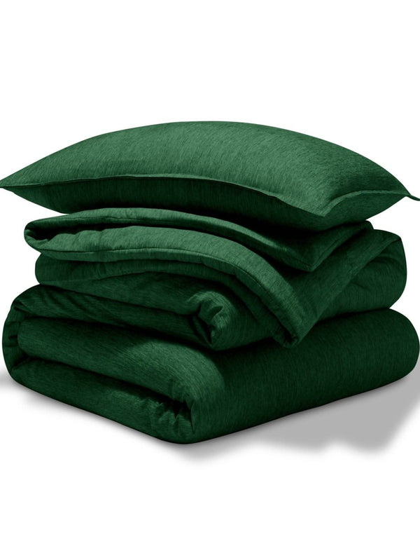 A comforter set folded and stacked