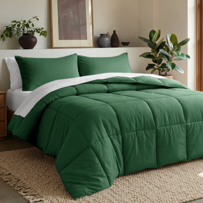 Comforter set on a bed in a bedroom with plants and decor.