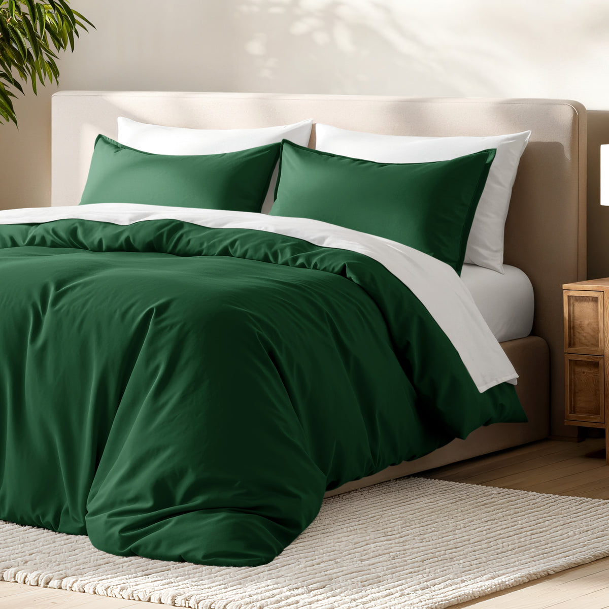 Bed with microfiber duvet cover and sham set in a bedroom setting.