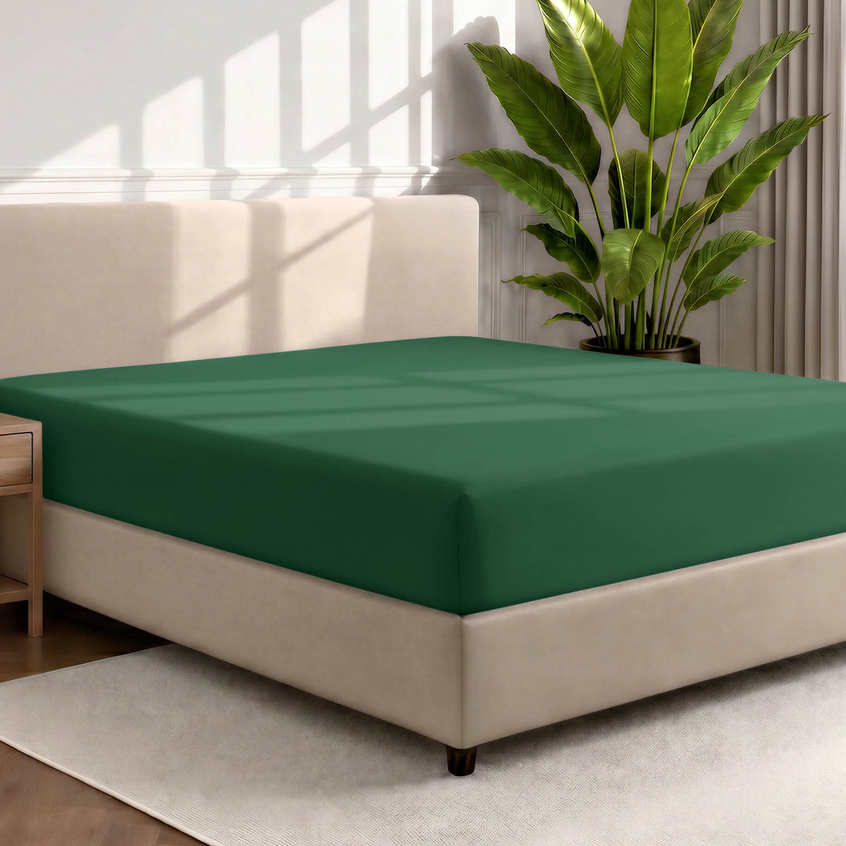 Ultra soft fitted sheet on a mattress with the sun shining into the bedroom