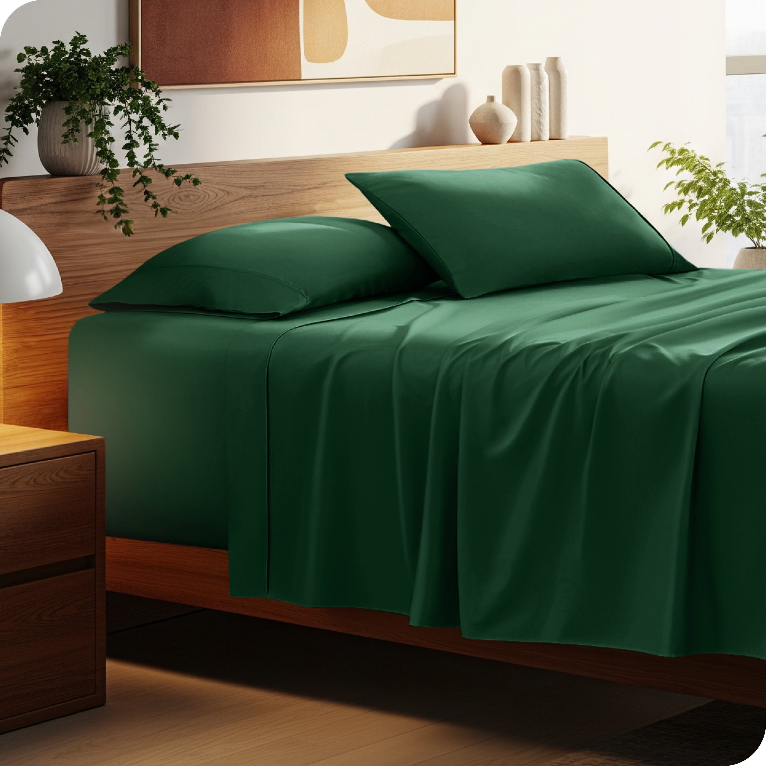 Bed with microfiber bedding and wooden headboard in a bedroom setting