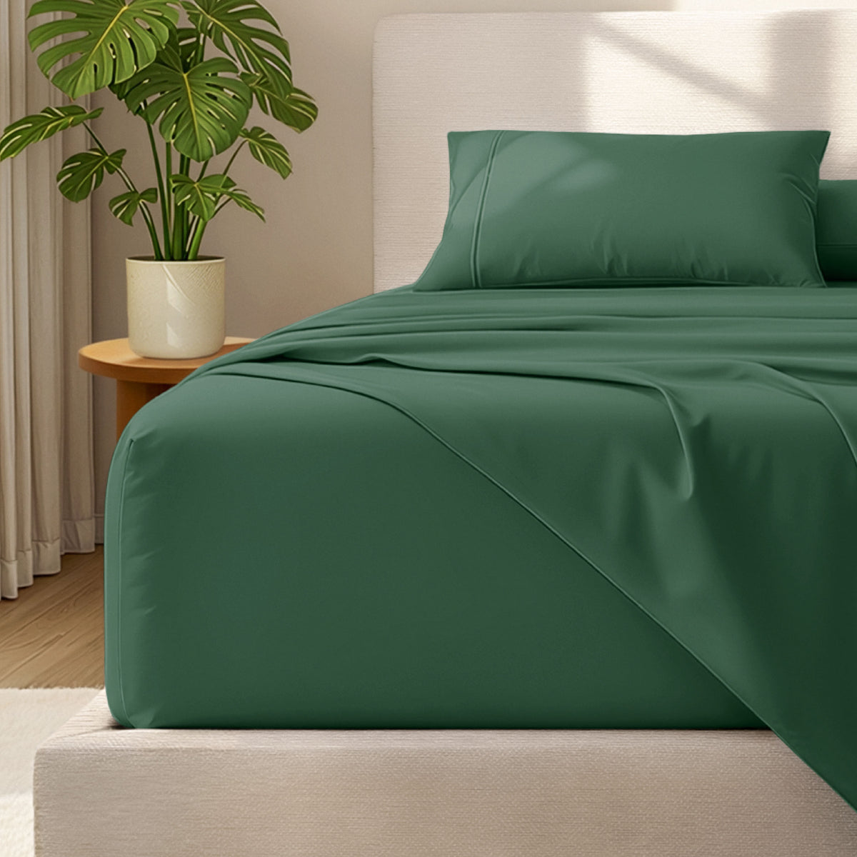 Bed with microfiber bedding and wooden headboard in a bedroom setting