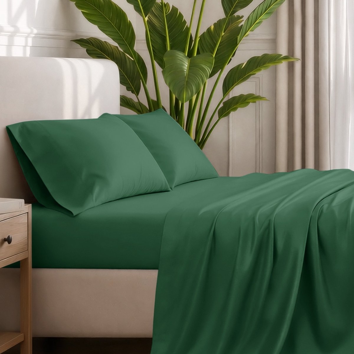 Ultra-soft sheets and pillowcases on a bed with a plant in the background