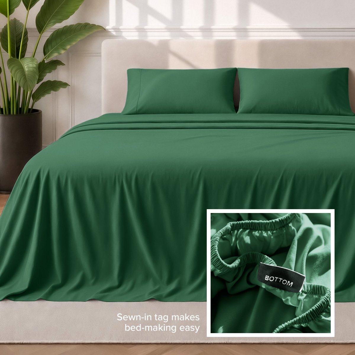 Sewn-in tag makes bed-making easy