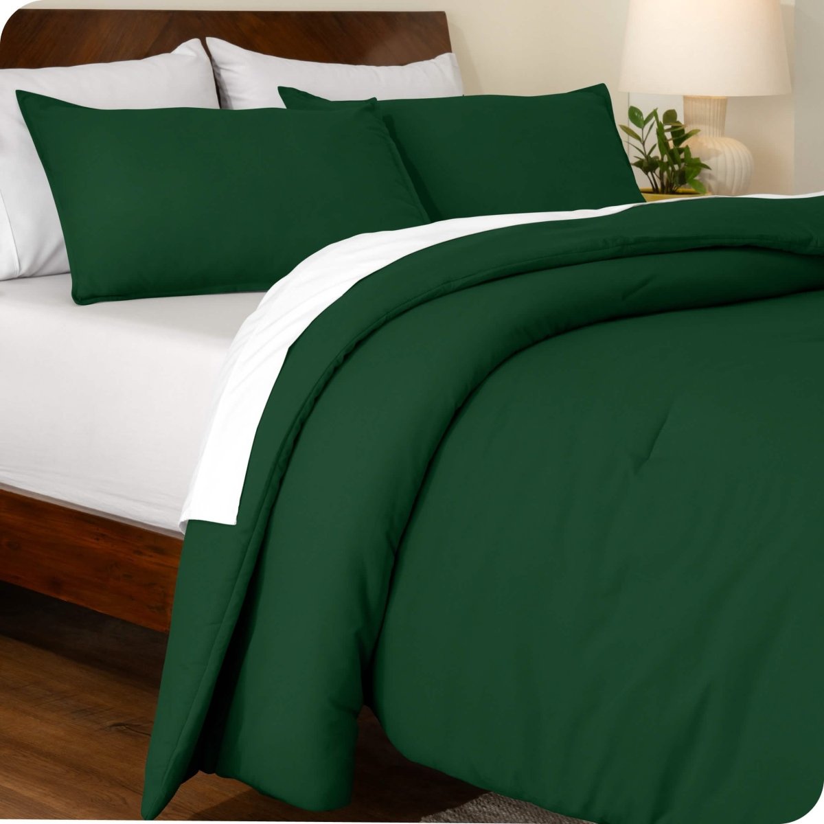 An angled view of a comforter set on a bed