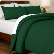 An angled view of a comforter set on a bed