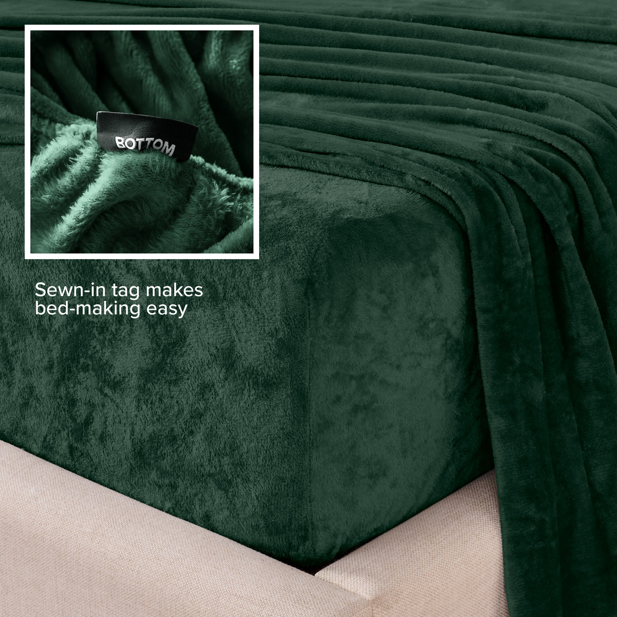 Close-up of the corner of a bed made with microplush sheets