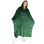 An adult with long microplush wearable blanket on