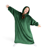 A girl has a hooded blanket on that is long enough to cover her legs