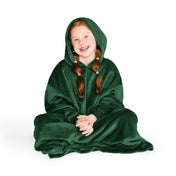 A child has a hooded microplush wearable blanket on
