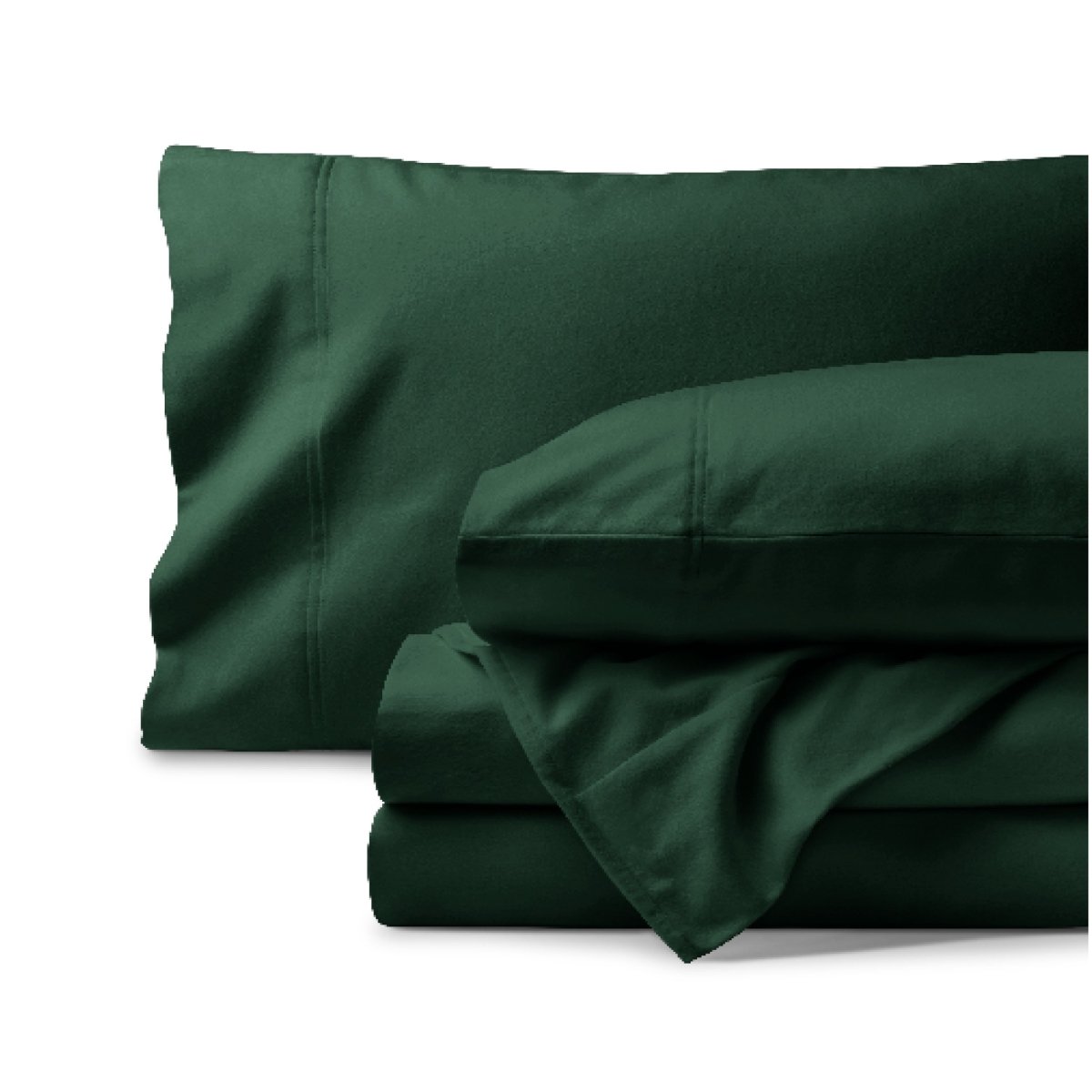 Organic flannel bed sheets and pillowcase set on a white background