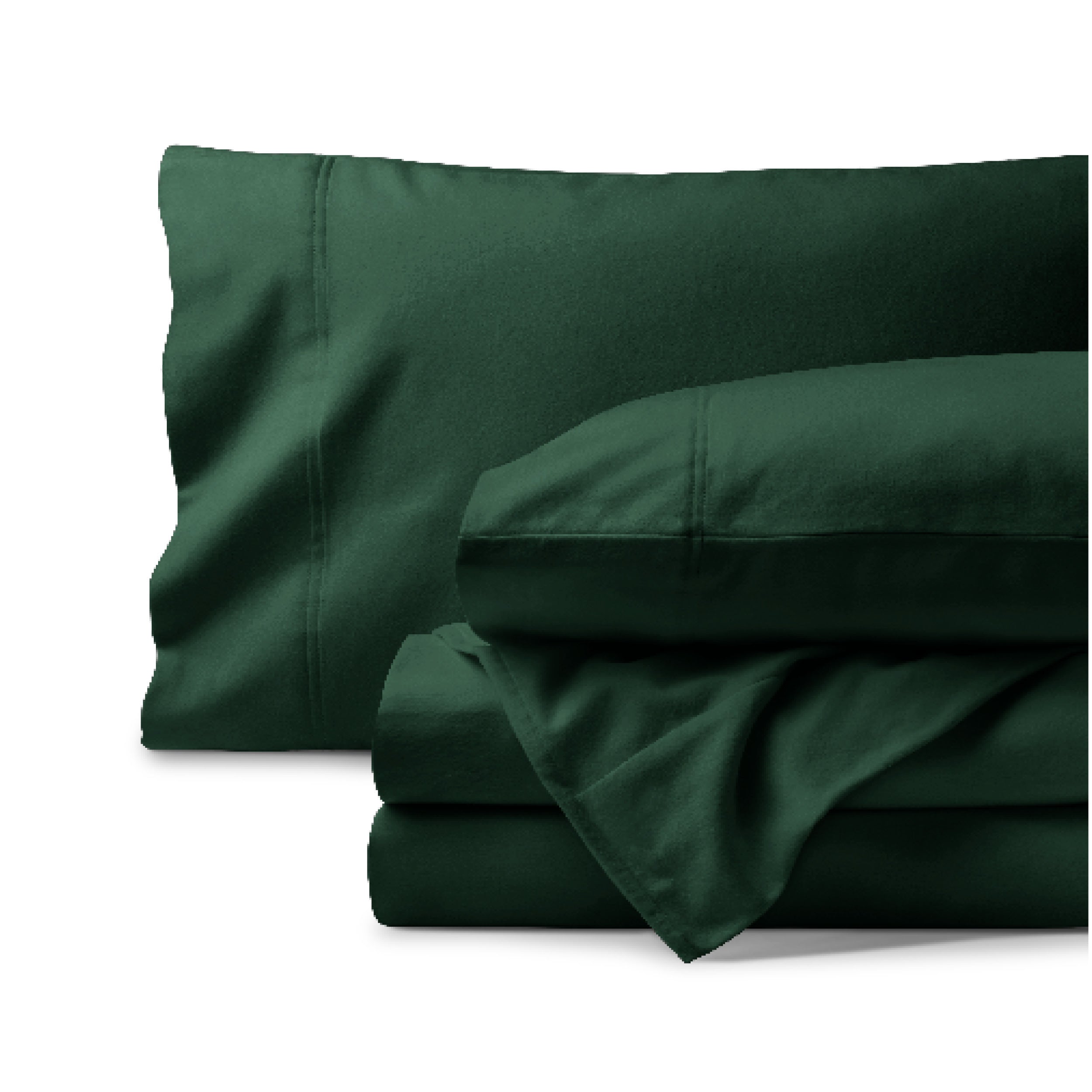 Organic flannel bed sheets and pillowcase set on a white background