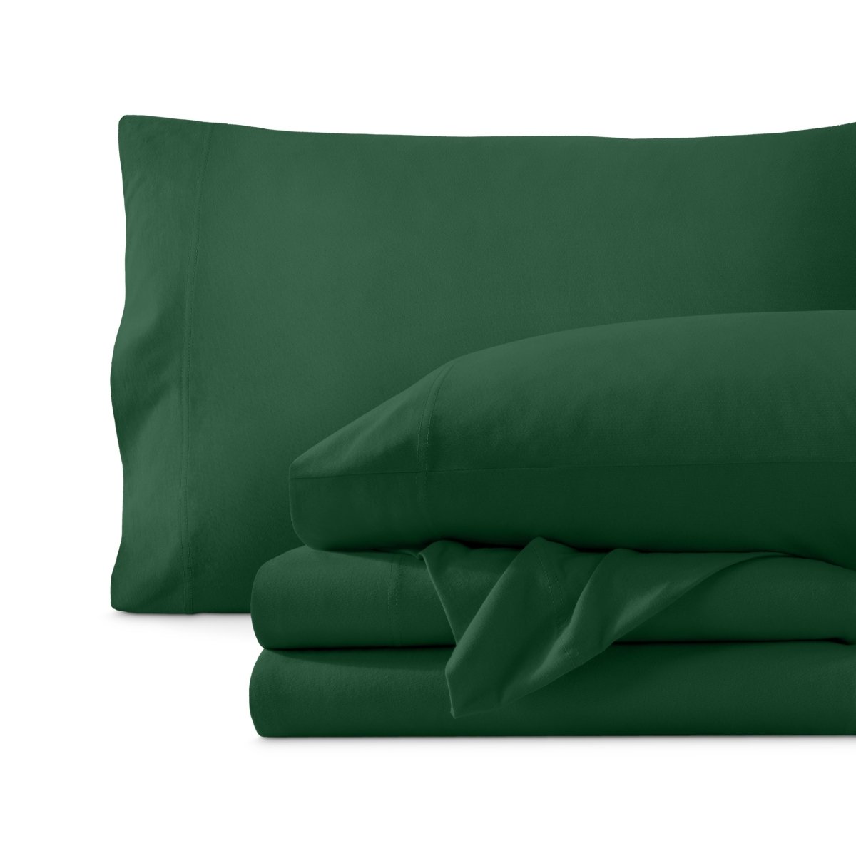 Set of organic cotton jersey sheets on a white background