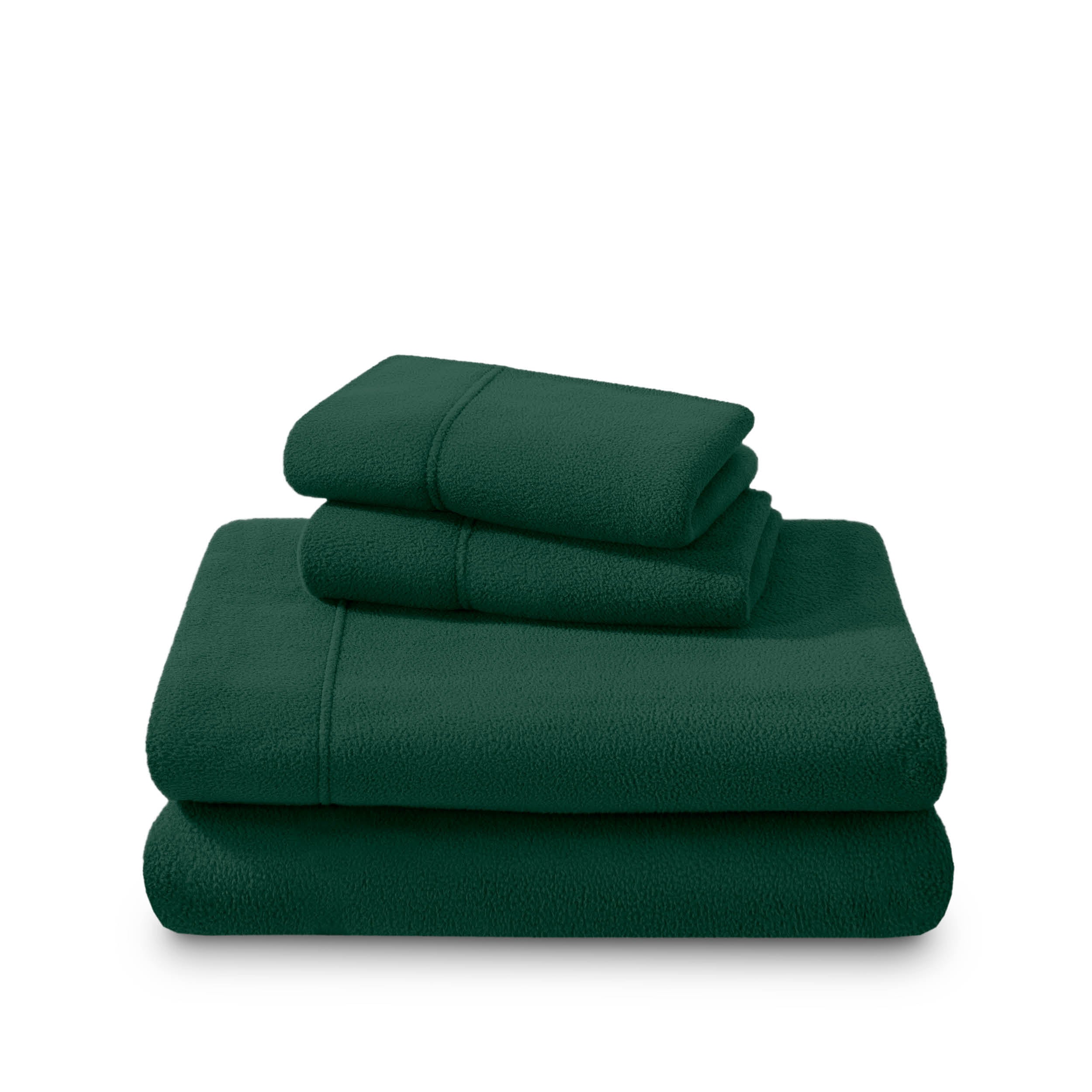 Polar fleece sheets and pillowcases folded and stacked on a white background