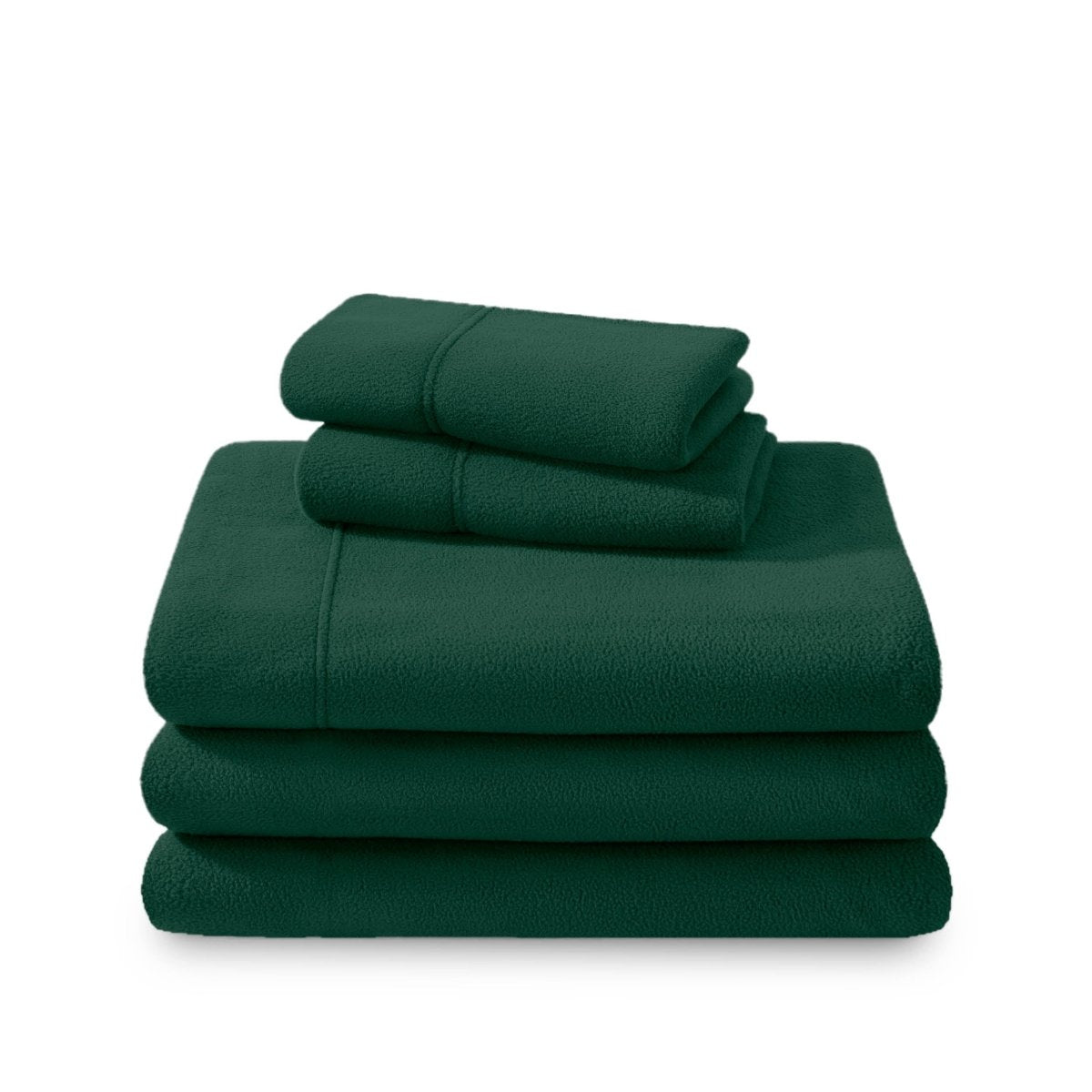 Polar fleece sheets and pillowcases folded and stacked on a white background