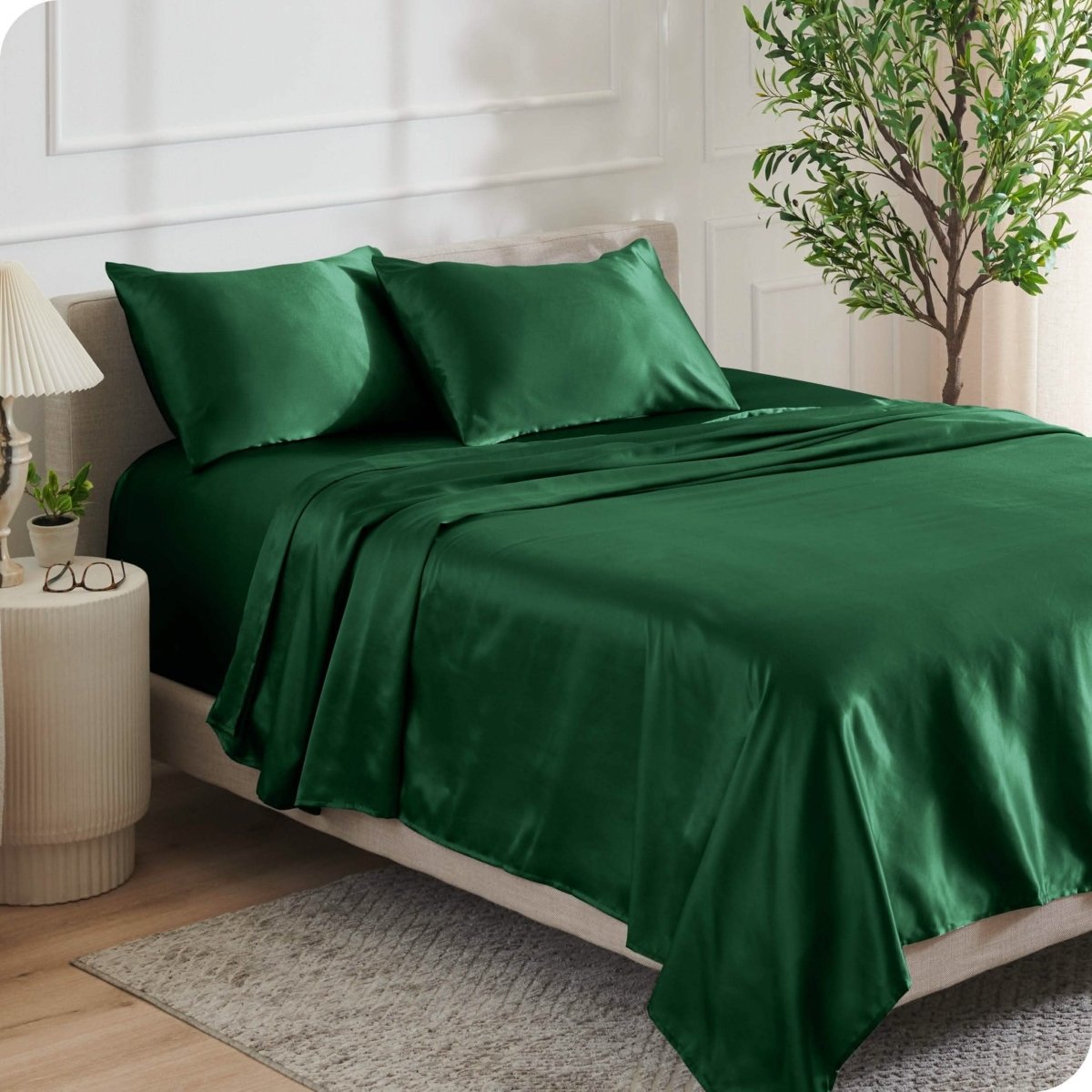 Satin sheets on a bed